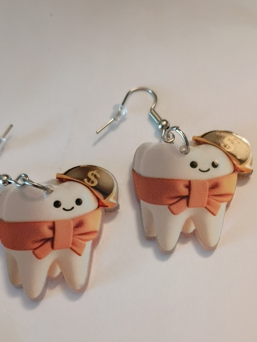 Cute Tooth Dangle Earrings with Pink Bow